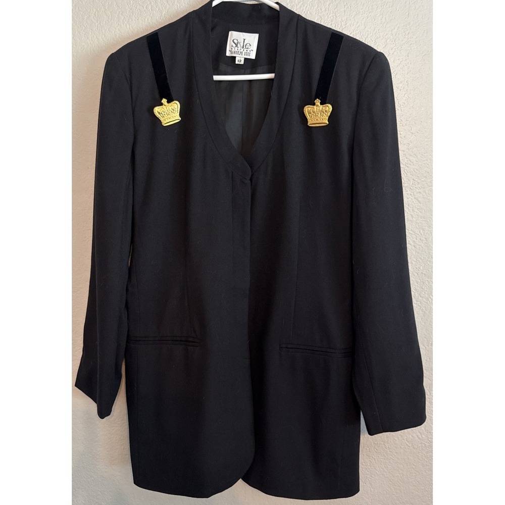 Vtg Style Systems Randolph Duke Blazer 12 Black Rayon Wool Gold Crown Made USA